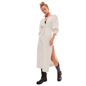 Free People White Mad Love Denim Midi Dress Dress Button‎ High Slit Size S NWT